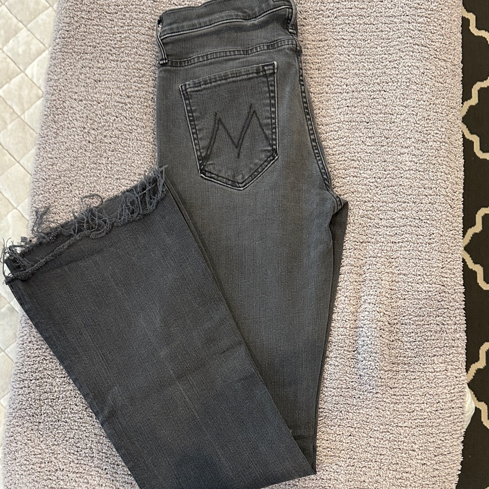 MOTHER Women's High-Rise Black Washed Frayed Hem Flare Jeans